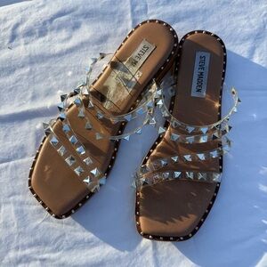 Steve Madden Clear Studded Slide Sandals - Brown with Silver Studs